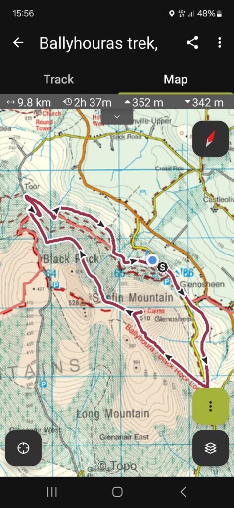 May be an image of map and text that says "15:56 ← 48% Ballyhouras trek, Track Map 9.8 km hurch ound Tower 2h 37m 352 m 342 m nville-Upper Bltck.Rond Road Toor ေြယ်ခ Crose Rdo Castleoln BlackFic ick Black S 28 106 Glenosheen Mountain Cairns 510 Glenoshoor Ballyhoura 1ំងអាន្នា BlaCk HOCK AONS S Long Mountain Gienanair GienanairEast East 0 @©.Topo Topo"