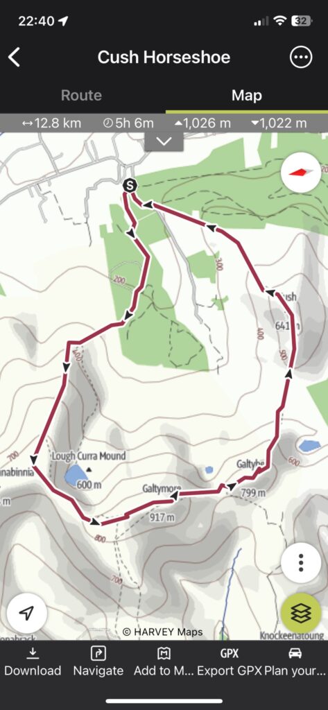 May be an image of ‎map and ‎text that says "‎22:40 < Cush Horseshoe Route +12.8 km Map ©5h 6m 1,026 m 1,022 m S 200 ish 641 LoughCuraMound Lough Curra Mound nabinnia m 600m m Galtyho 600 Galtymore 799m m 799 917m 800 nabrada ©HARVEYMaps © HARVEY Maps م Knockeenaroung GPX Download Navigate Add to M... Export GPX Plan your.‎"‎‎